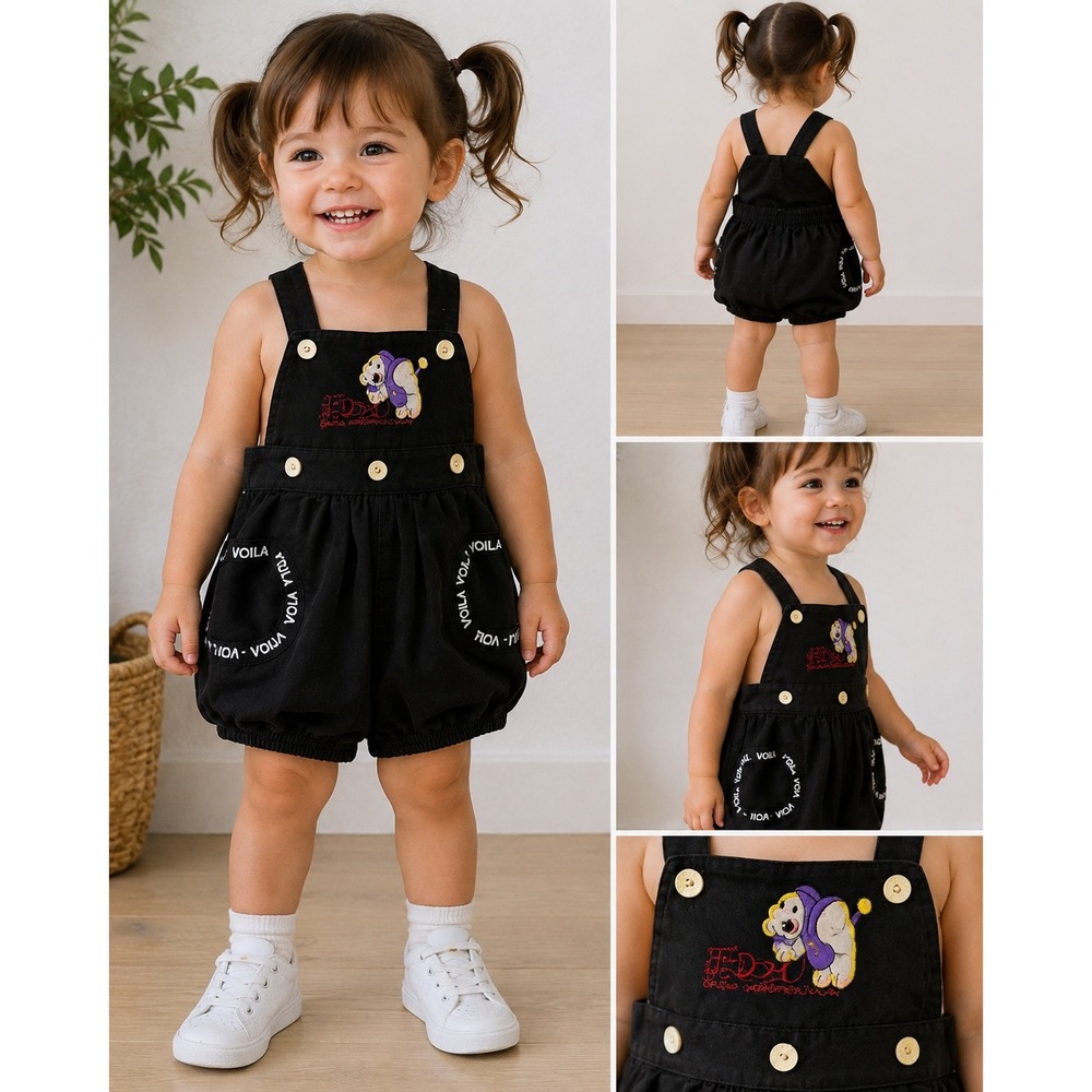 Voila Vintage Girls Black Bubble Romper Embroidered Character Size 4 RN 79941